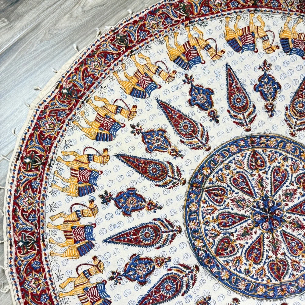 Vintage‎ Kalamkari Tablecloth Ghalamkar Block Print Round Mandala